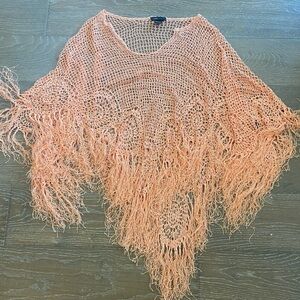 New BCBGMAXAZRIA Vintage 90s Y2K Hand Crochet Fringe Orange Poncho Kimono Retro